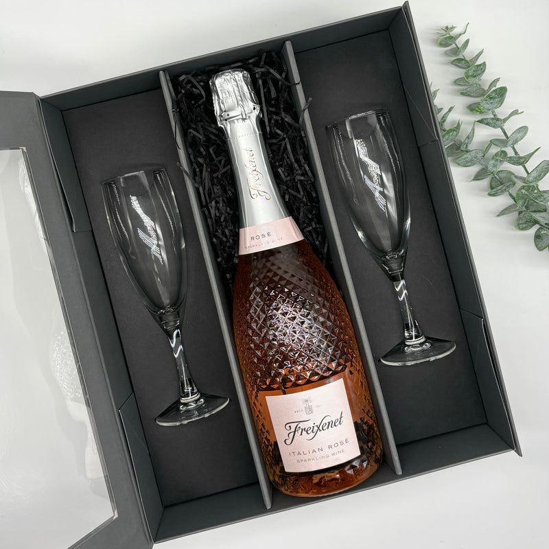 Freixenet Italian Sparkling Rose Extra Dry Wine 75cl 2 x Champagne flutes in Luxury Presentation Box