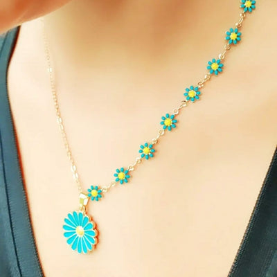 Collier ras du cou à breloques en forme de fleur de turquoise et de marguerite pour l'été