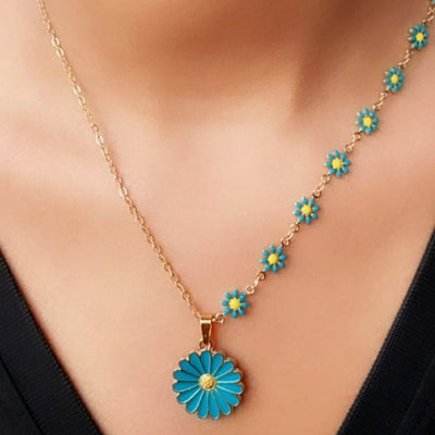 Collier ras du cou à breloques en forme de fleur de turquoise et de marguerite pour l'été