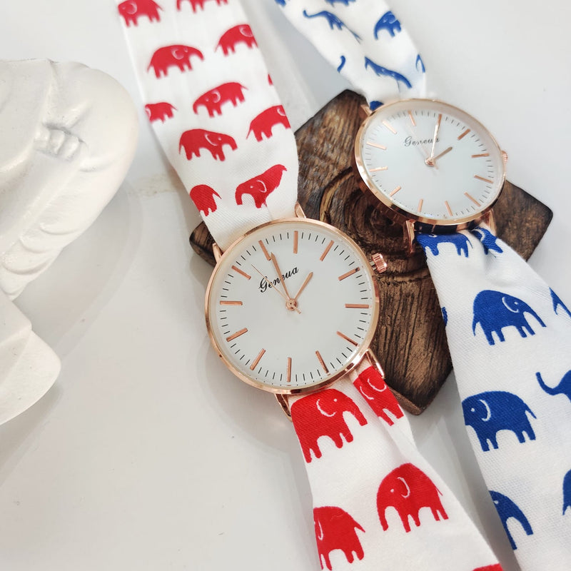 Elephant Print Changeable Fabric Cotton Tie Knot Strap Geneva Women Wristwatch