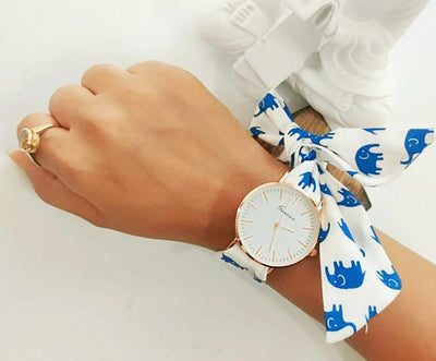 Elephant Print Changeable Fabric Cotton Tie Knot Strap Geneva Women Wristwatch