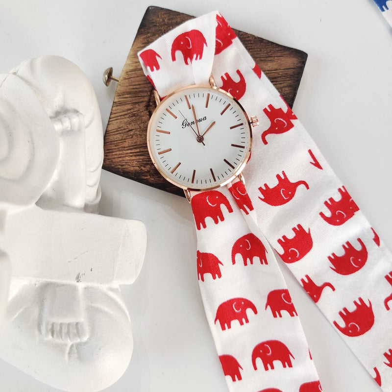 Elephant Print Changeable Fabric Cotton Tie Knot Strap Geneva Women Wristwatch