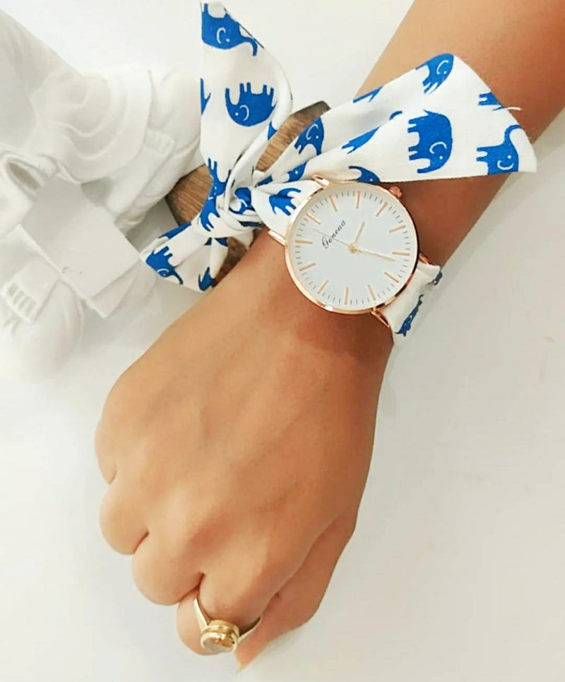 Elephant Print Changeable Fabric Cotton Tie Knot Strap Geneva Women Wristwatch